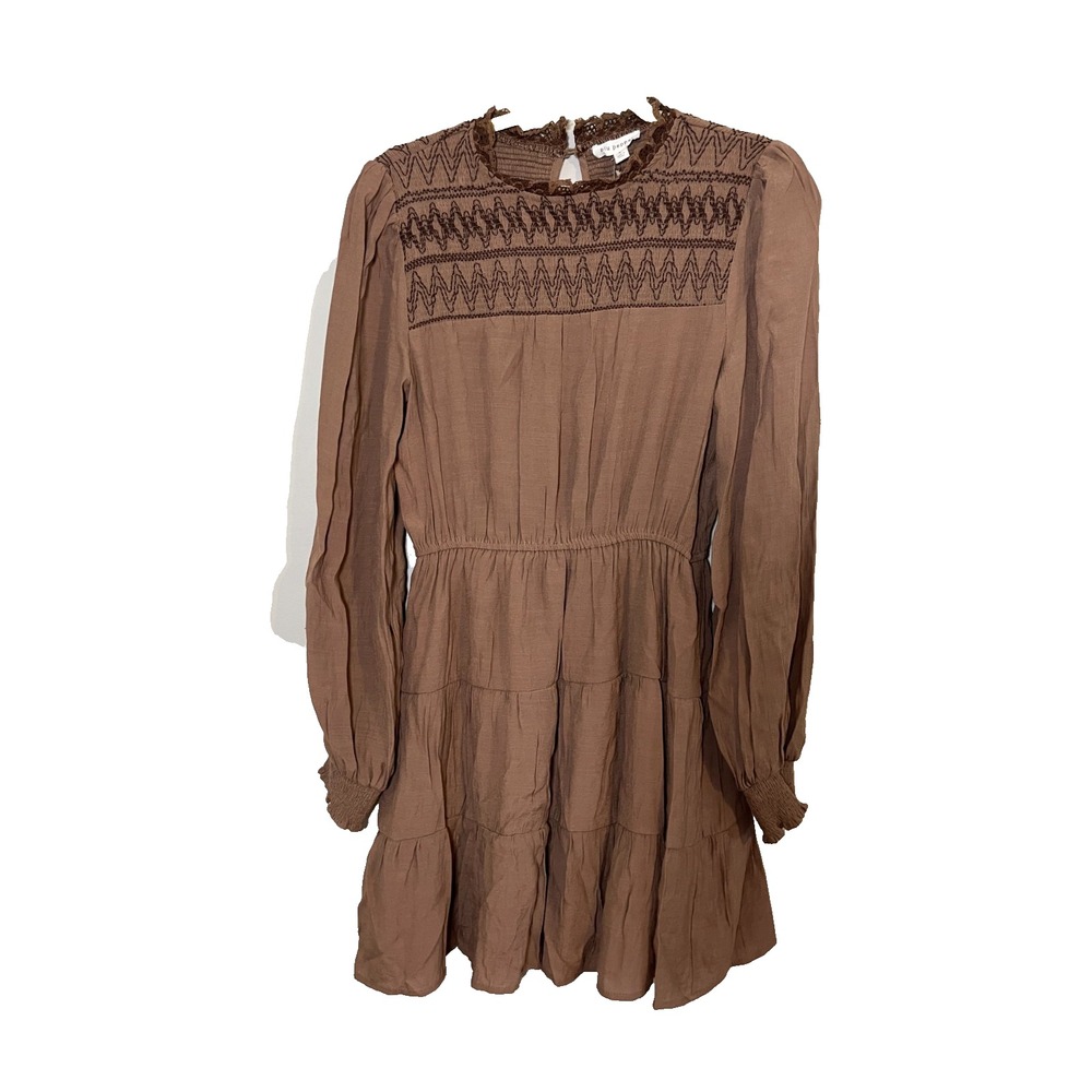 Neutral Chevron Fit Flare Mini Dress L Boho Indie Festival Western Tiered Retro